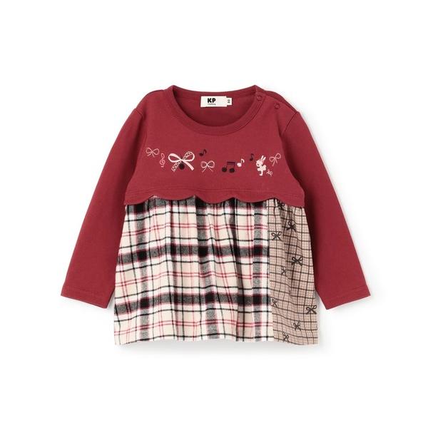 チュニック リボン×チェック スカラップ切り替え 長袖チュニック キッズ 子供服