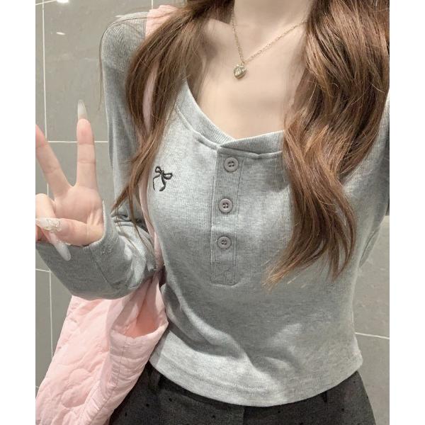 tシャツ リボン刺繍ワンポイントヘンリーネックロンT レディース