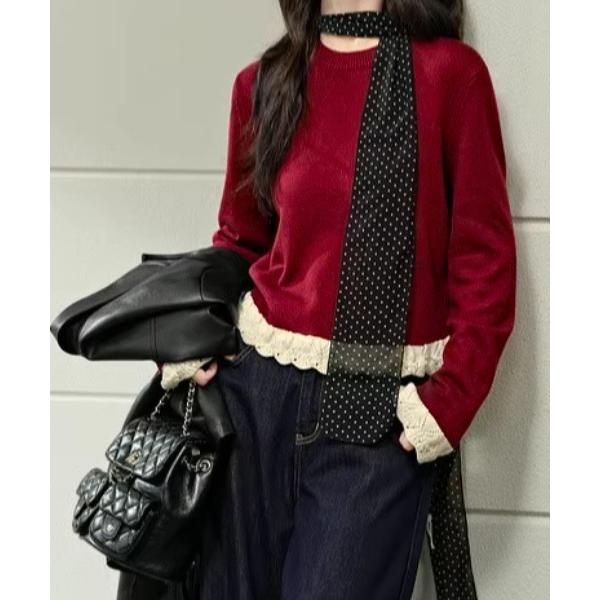 ニット セーター 裾フリルクルーネックニット 重ね着 レイヤード レディース