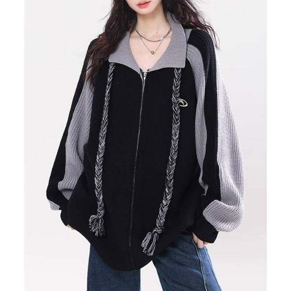 ニット セーター ワンポイント刺繍 ジャガードバイカラージップニット ドライバーズニット レディース