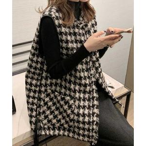 ベスト ジレ 千鳥格子ミドル丈ベスト レディース