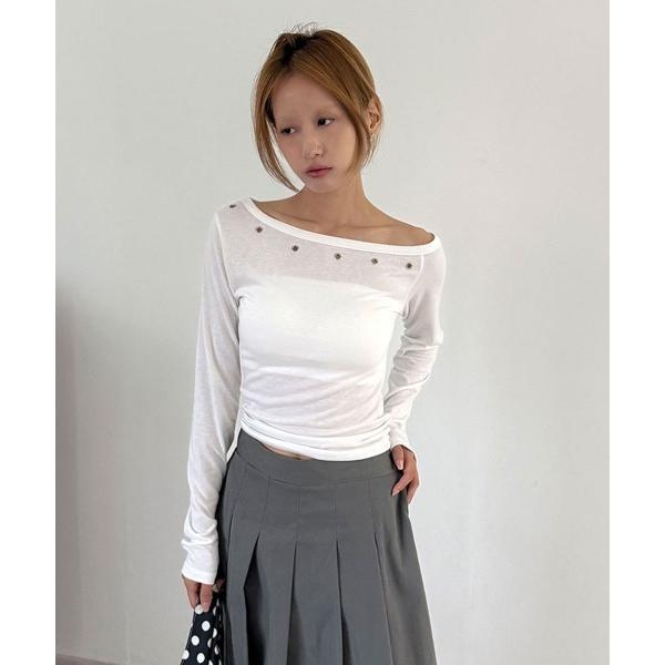 tシャツ アイレット 無地 スリム オフショルダー クロップド ロングスリーブ Tシャツ レディース