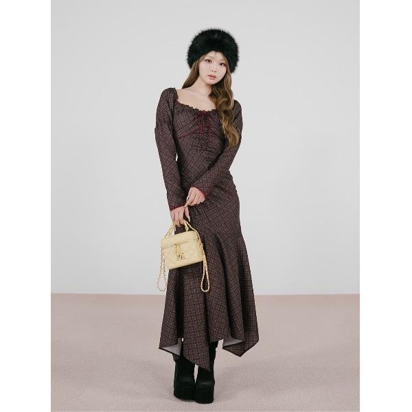 ワンピース チェックチェリーデザインロングワンピース