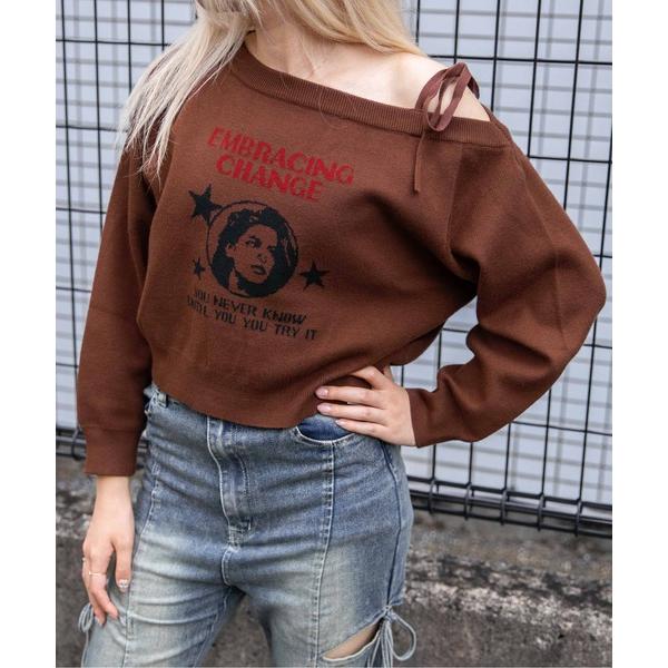 ニット セーター 「ワンショルダー×ジャカード」レディース 短丈ニット トップス 個性派 春秋冬 レ...