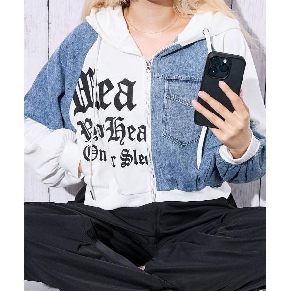 パーカー 「短丈デニム切替×ロゴ」レディース 裏毛ジップパーカー クロップド丈 フーディー ストリー...