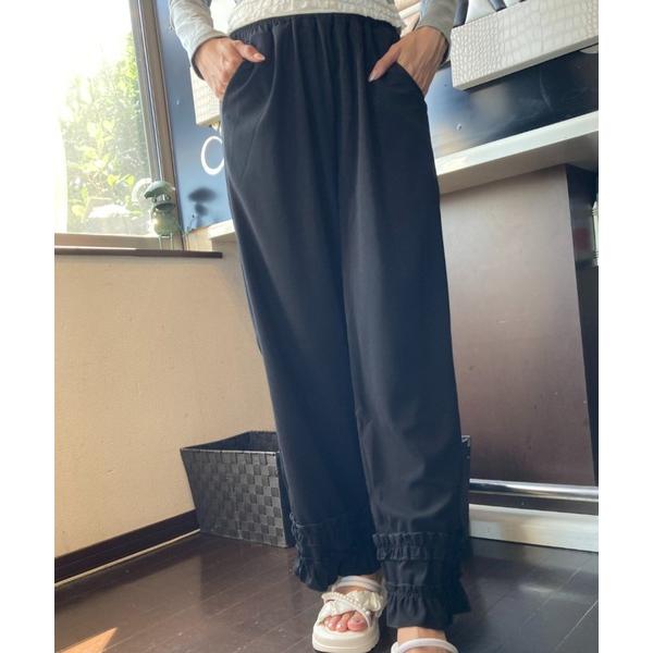 パンツ 裾フリル フレアシルエット リブパンツ レディース