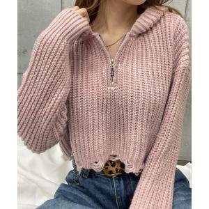 ニット セーター ショート丈ブロークンニットフーディー レディース メンズ