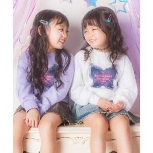 トレーナー  バタフライ デニムワッペン 付き ウエストクロス スウェット キッズ 子供服 女の子