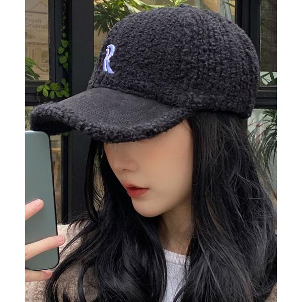 キャップ 帽子 刺繍付き 異素材 ボア ニット キャップ レディース