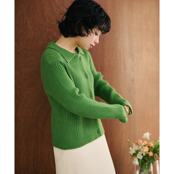 カーディガン wave buttton collared rib knit cardigan /襟付...