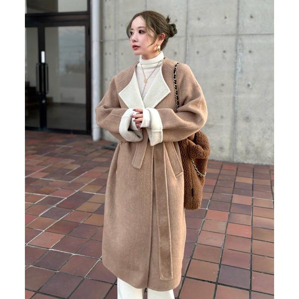 ノーカラーコート コート shaggy bicolor belted coat /コットンウール配色...