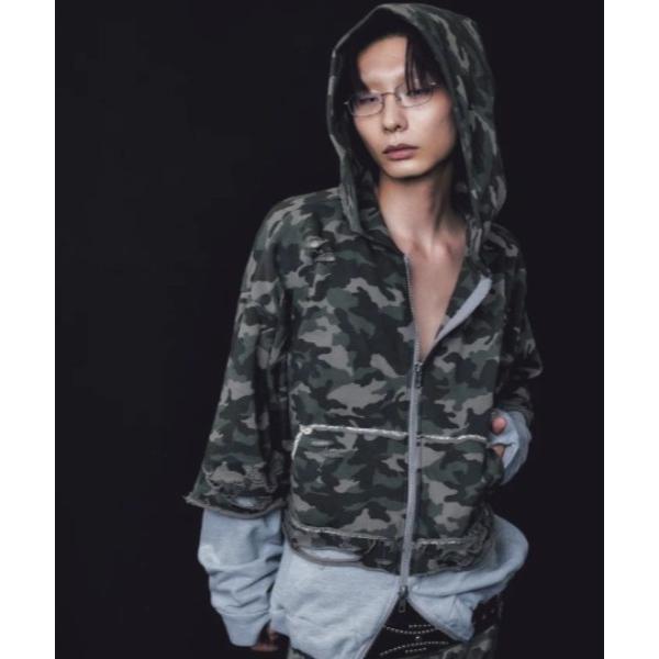 パーカー neith./ネイス/Layered Crush Hoodie(Camo×Gray) レデ...