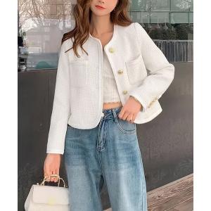 ジャケット ノーカラージャケット blackdia ocean ツイードライク パイピングジャケット レディース