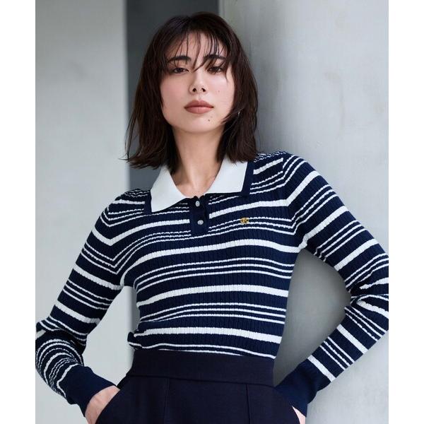 ニット セーター 「マシンウォッシュ」マルチボーダーポロニットプルオーバー レディース