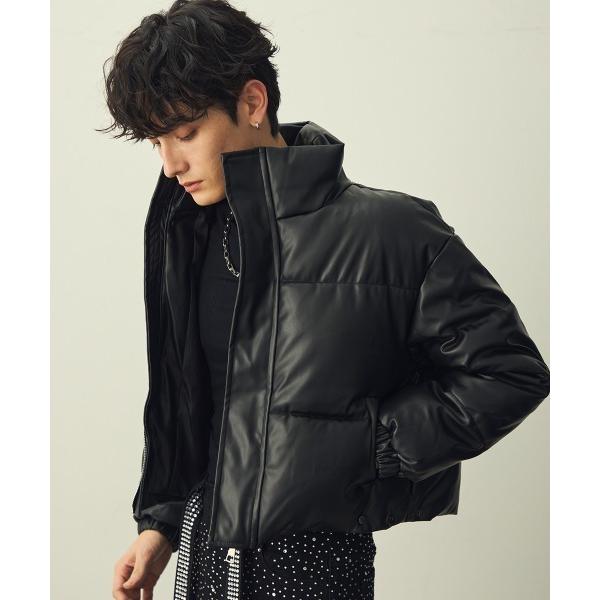 ダウンジャケット ダウン Synthetic leather short puffer jacket...