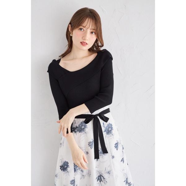 ワンピース ウエストリボン付きアシメリブニット×フラワードッキングワンピース