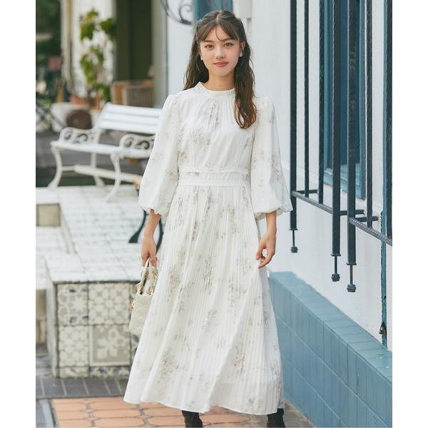 ワンピース 後ろリボン付きレースライン入りフラワープリントプリーツワンピース