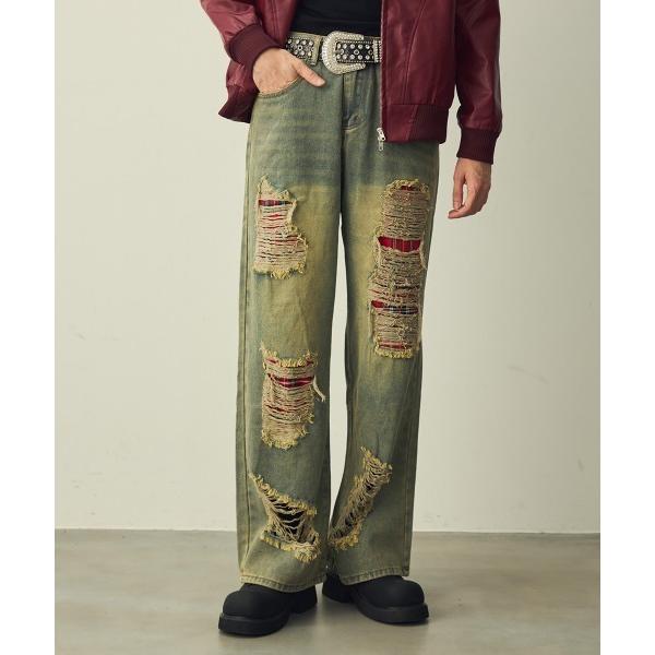 ワイドパンツ ジーンズ Check-Patch Destroyed Denim Pants / チェ...