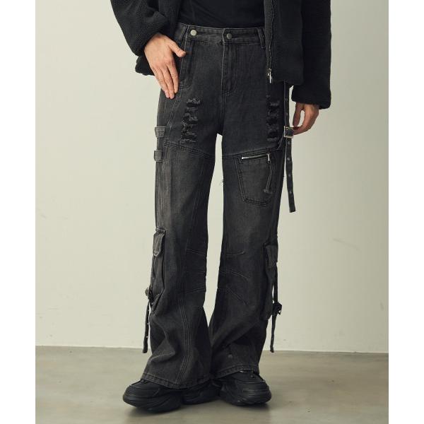 ジーンズ Belt Strap Distressed Cargo Denim Pants / ベルト...