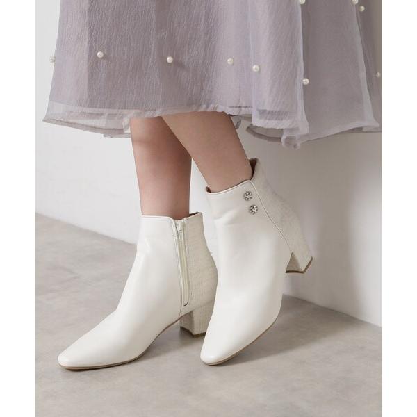 ブーツ ビジュー付きツイードショートブーツ レディース