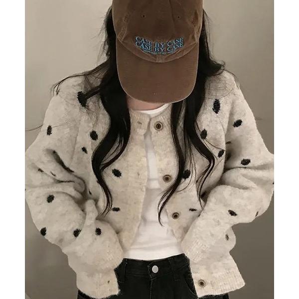 カーディガン ドット柄クルーネックニットカーディガン レディース