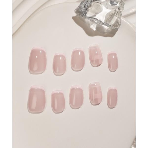 ネイルチップ ネイルシール 水光ネイルピンクベースフレンチチェックショートスクエアネイルチップ