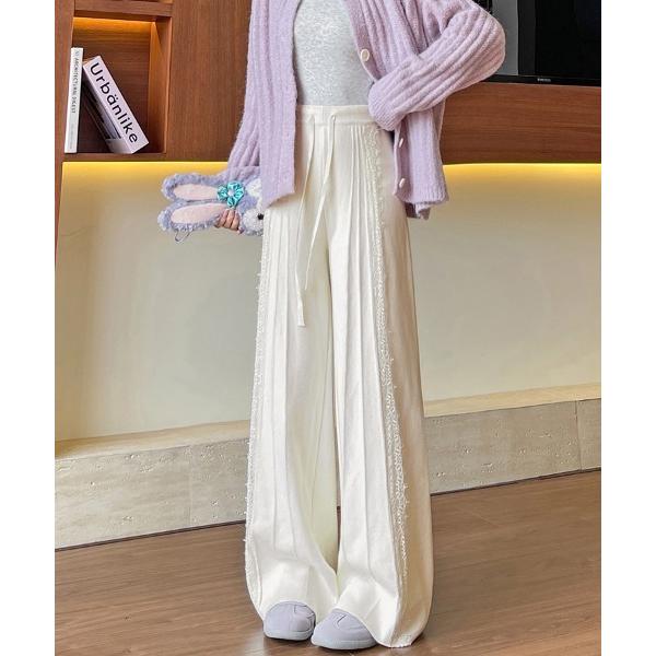 ワイドパンツ パンツ レースサイドプリーツ編みワイドパンツ レディース