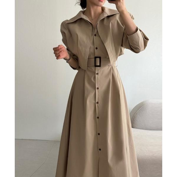 ワンピース ショート丈ジャケット＆ウエストベルト前開シャツワンピース