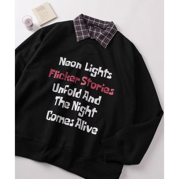 トレーナー スウェット 「82」襟チェック レイヤード風 ロゴプリント 裏起毛 スウェット レディー...