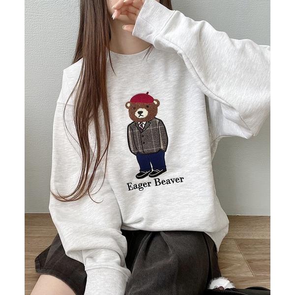 トレーナー スウェット クマ柄アップリケスウェット レディース