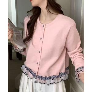 カーディガン ドットチュール×チェックフリルレイヤード風カーディガン レディース