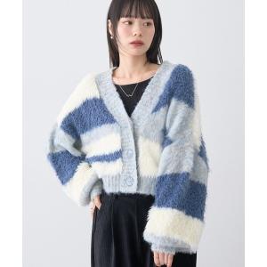 ニット セーター ポンポンヤーンミックスインターシャカーディガン レディース