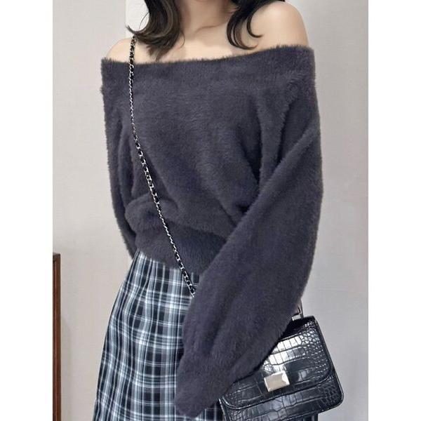 ニット セーター ミニシャギーオフショルニット レディース