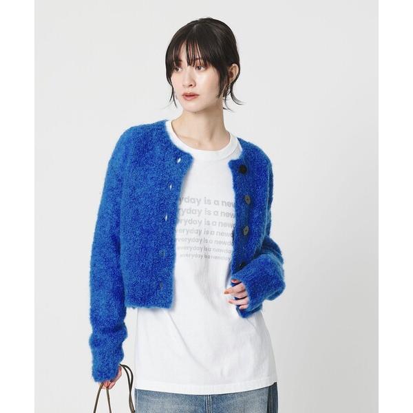 カーディガン ウールブレンド ブークレ クルーネックカーディガン レディース