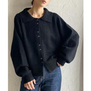 カーディガン 長袖ボリュームスリーブ襟付きボタンポロニットカーディガン レディース