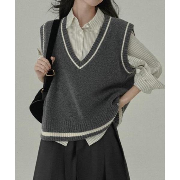 ベスト ジレ 「秋冬新作」Vネックライン配色ニットベスト レディース