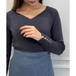 ニット セーター ハートネック袖口アソートパールリブニットプルオーバー レディース