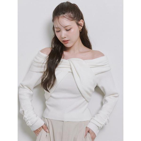 ニット セーター 「Harukiさんコラボ」クロスオフショルダーギャザースリーブニット レディース