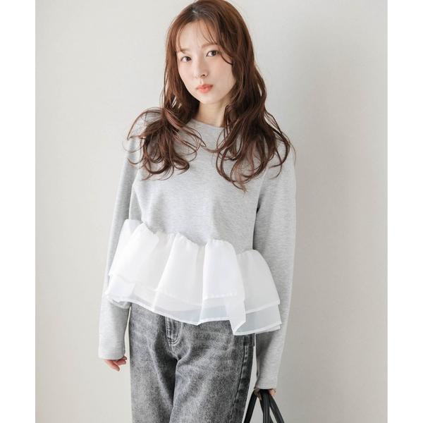 tシャツ シアーフリルドッキングトップス レディース