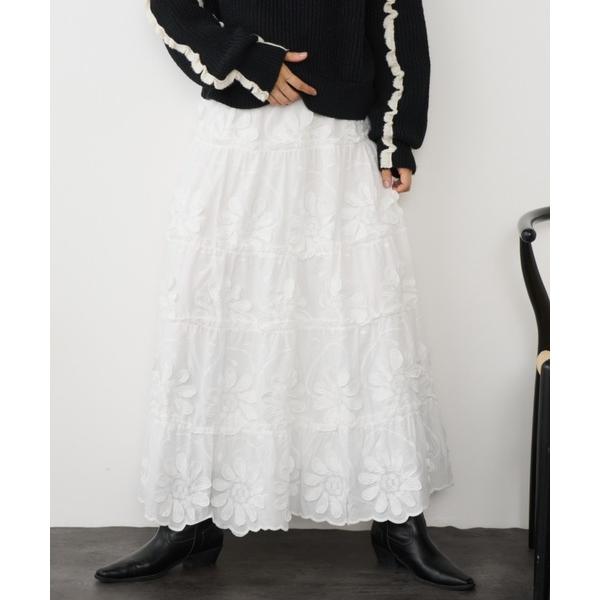 スカート フラワーモチーフコットンロングスカート