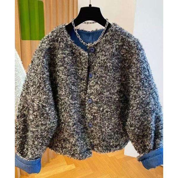 ジャケット ノーカラージャケット ブークレ―ノーカラー中綿ジャケット レディース