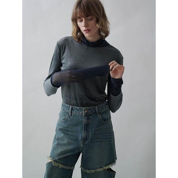 tシャツ TULLE DOCKING VELOUR TOPS レディース