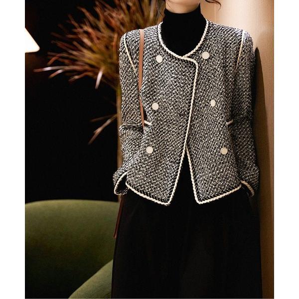 ジャケット ノーカラージャケット パイピングダブルボタンノーカラーツイードジャケット レディース