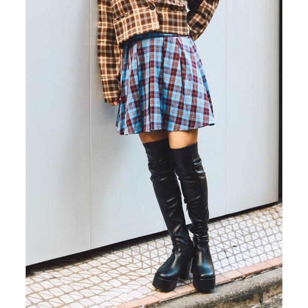 スカート ボックスプリーツチェックミニスカート