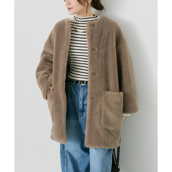 ノーカラーコート コート リサイクルボアノーカラーコート レディース