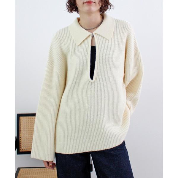 ニット セーター アルパカタッチ襟付きキーネックプルオーバー レディース