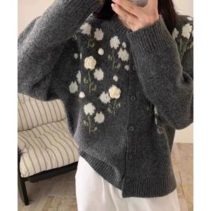 カーディガン フラワーモチーフニットカーディガン レディース