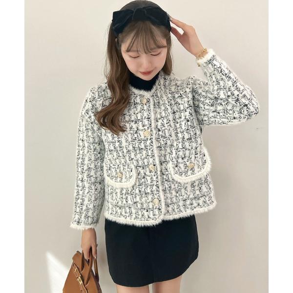 ジャケット ノーカラージャケット ノーカラーツイードニットコーディガンジャケット レディース