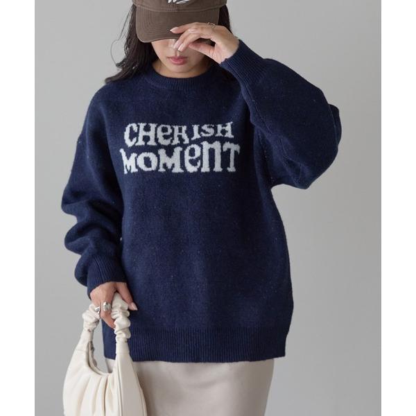 tシャツ モヘアタッチ　ロゴジャガードニット レディース