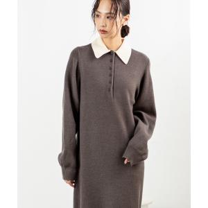 ワンピース 「細見え＆体型カバー」大人配色でこなれ感アップ！もっちり素材が心地よくシーンレスに着映えるポロニットワンピースシンプルさの中に洗練を宿すニ
